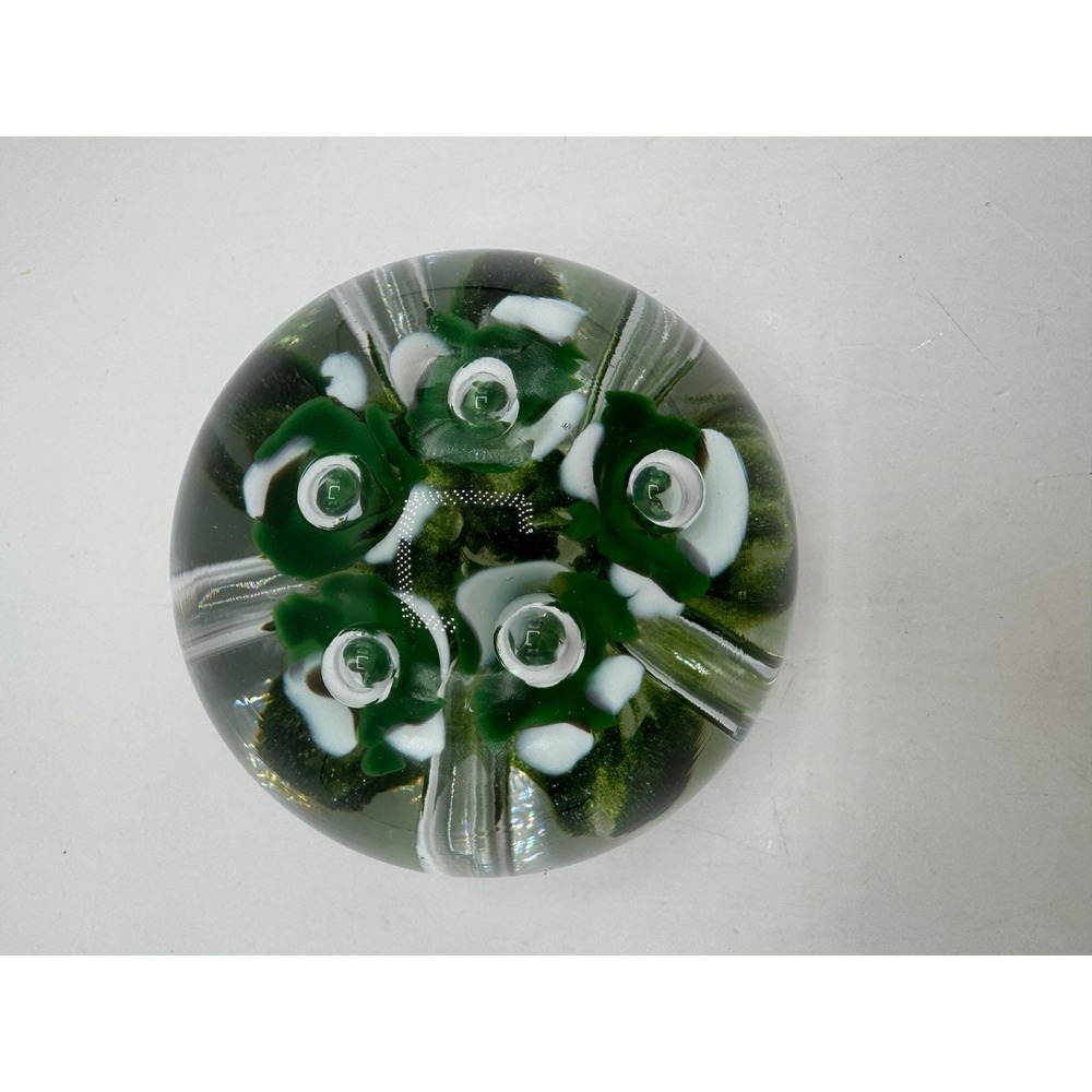 Jennings Bonnell JB Art Glass Paperweight Glitter Green White Floral Bubble - Picture 6 of 12